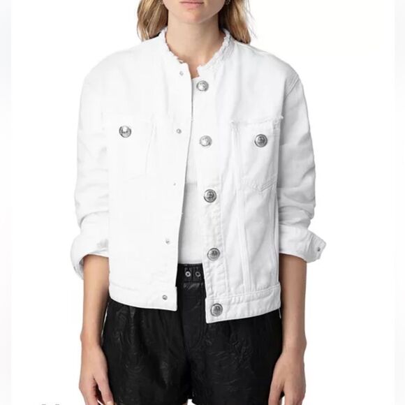 $398 Zadig & Voltaire Kaely Destroy Denim Jacket in White NWT small - Picture 1 of 16